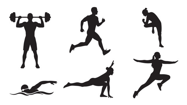Fitness athlete silhouettes set, 6 black vector icons of people exercising, gym workout and sports training poses for health and wellness design