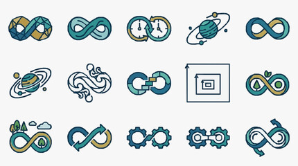 Professional Infographic Set of Creative Infinity Symbols with Planets Clocks Gears and Nature Elements in Blue Green and Yellow © Pikok