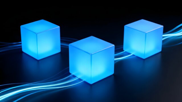 Three glowing blue cubes with light trails