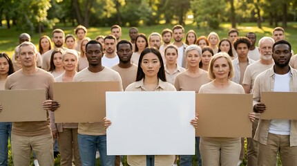 Diverse group of people holding blank signs in park during protest or demonstration advocating for change or raising awareness.