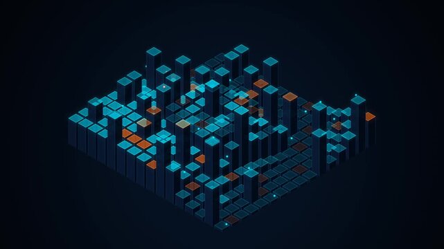 Abstract digital data visualization with glowing blue bar charts