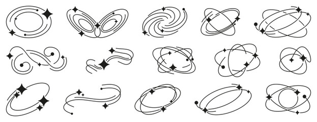 Obraz premium Cosmic orbit doodle collection in black. Set of galaxy, orbit, stellar, celestial and space motion symbols in sketch style