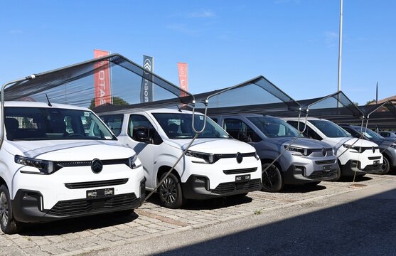 Reana, Italy. June 21, 2026. Citroen Berlingo minivans lined up by the dealership.&nbsp;The panel vans are available in passenger versions named the Berlingo Multispace.