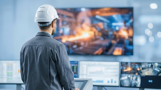 Engineer wearing hard hat monitors industrial process on large screen and computer displays in control room technology factory safety equipment.