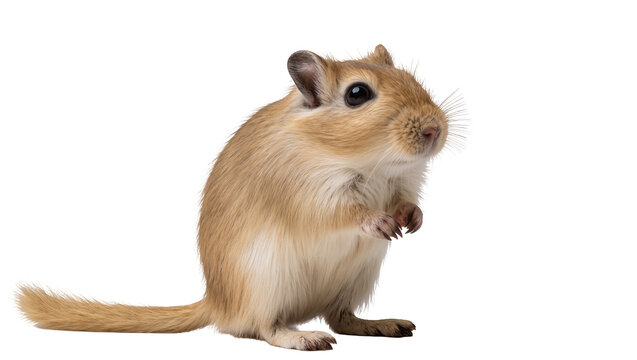 Small gerbil rodent with light brown fur standing on hind legs
