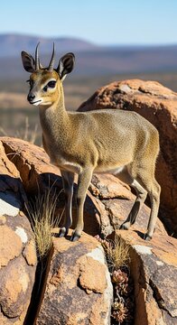 Two horned goats standing on rocky terrain in arid landscape.
