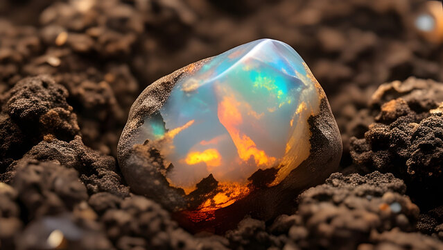 Beautiful glowing raw opal gemstone embedded in dark soil showing vibrant fiery orange and blue colors.
