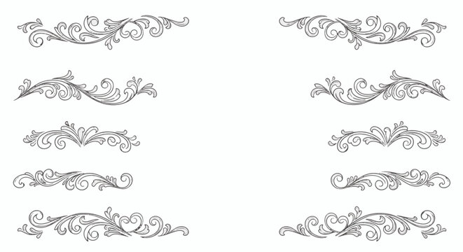 Set of ten elegant traditional black line art filigree scrolls and decorative floral flourishes isolated on a white background for vintage wedding invitations and ornamental border design.