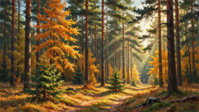 Sunlight filtering through autumn forest with golden leaves and pine trees