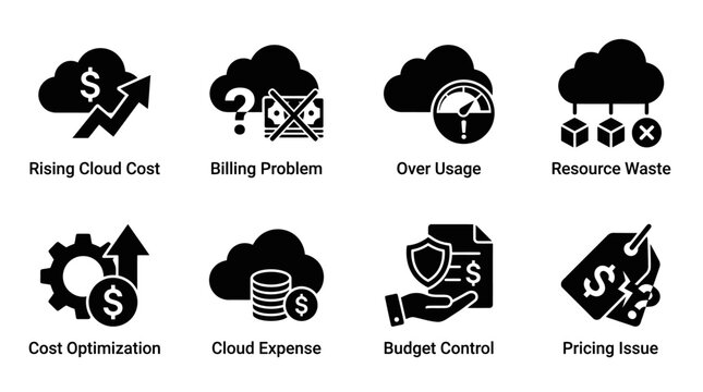 Cloud cost and budget management icon vector collection featuring rising cloud cost, billing problem, over usage, resource waste, cost optimization, cloud expense, and pricing issue concepts.