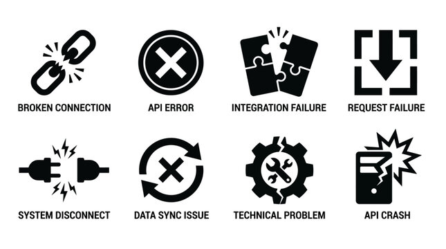 API and system error icon vector collection featuring broken connection, integration failure, request failure, data sync issue, technical problem, and crash for software troubleshooting design project