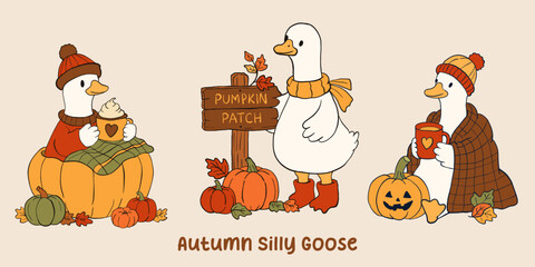 Fototapeta premium Autumn Silly Goose Cozy Fall.Set of trendy art style abstract autumn poster, cover, card with goose, beautiful leaves, fall silly goose reading Autumn bookish Trendy animal Doodle cartoon style
