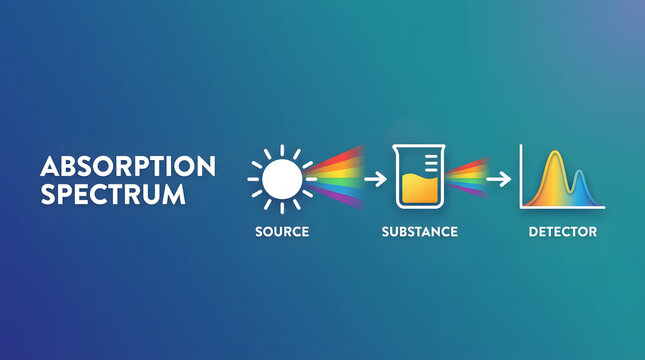 Absorption Spectrum Diagram with Source, Substance, and Detector Showing Light and Rainbow Colors on Gradient Background
