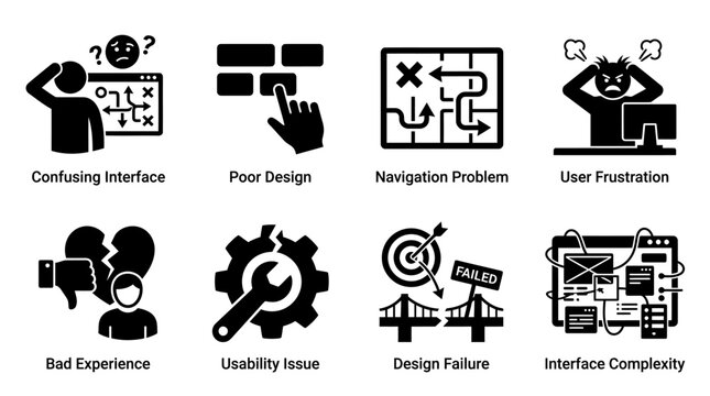 User interface and experience problem icon vector collection featuring confusing interface, poor design, navigation issue, user frustration, usability problem, design failure, and interface complexity