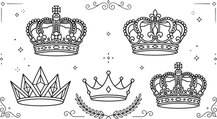 Royal crown line icon set featuring king queen tiara royal symbols luxury vintage borders and heraldic vector elements © vector design 