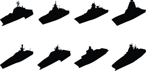 Modern Military Naval Warship Silhouette Collection Vector Set with Combat Ships, Destroyers, Frigates, and Maritime Defense Vessels © Biplob Creators