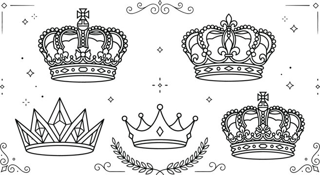 Royal crown line icon set featuring king queen tiara royal symbols luxury vintage borders and heraldic vector elements