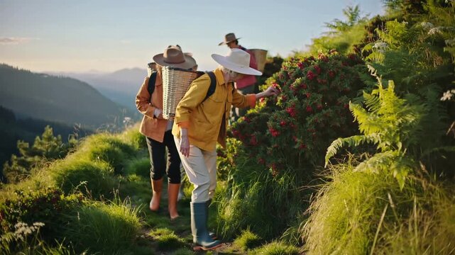 Walking singlefile, four pickers on narrow ridge, yellow-jacket leader picking berries with baskets