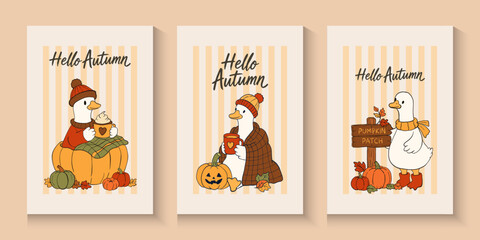 Fototapeta premium Autumn Silly Goose Cozy Fall.Set of trendy art style abstract autumn poster, cover, card with goose, beautiful leaves, fall silly goose reading Autumn bookish Trendy animal Doodle cartoon style