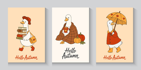 Fototapeta premium Autumn Silly Goose Cozy Fall.Set of trendy art style abstract autumn poster, cover, card with goose, beautiful leaves, fall silly goose reading Autumn bookish Trendy animal Doodle cartoon style