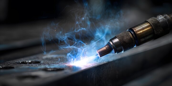Close-up of welding torch creating bright blue sparks and smoke.