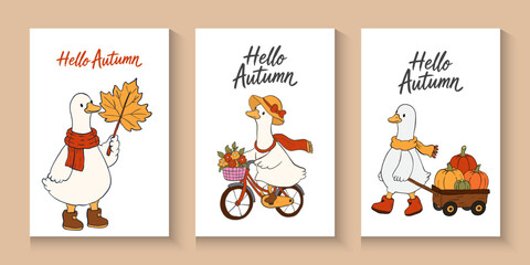 Fototapeta premium Autumn Silly Goose Cozy Fall.Set of trendy art style abstract autumn poster, cover, card with goose, beautiful leaves, fall silly goose reading Autumn bookish Trendy animal Doodle cartoon style