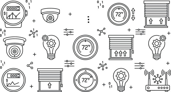 Smart home automation line icon set featuring intelligent thermostat security camera internet router energy meter and window blinds
