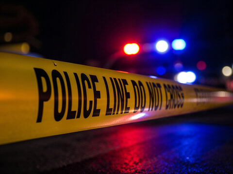 Police line tape with flashing lights at night