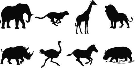 African wild animal silhouettes collection featuring elephant cheetah giraffe lion rhinoceros ostrich zebra and hippopotamus on isolated white background © MDKhademul