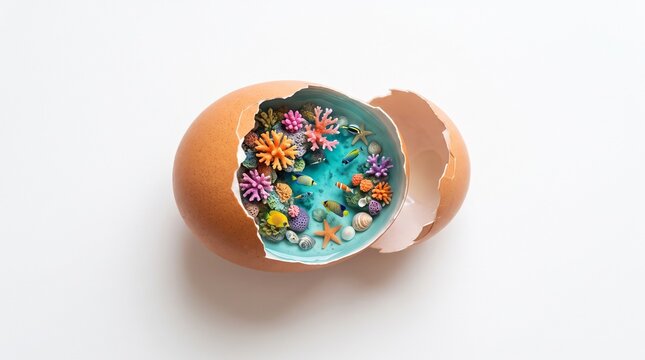 Top view of single cracked eggshell revealing miniature coral reef underwater world inside on clean white background, surreal minimal concept, Generative AI