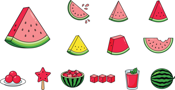 Fresh watermelon collection featuring juicy slices cubes juice popsicle and whole fruit cartoon vector illustration isolated on white background