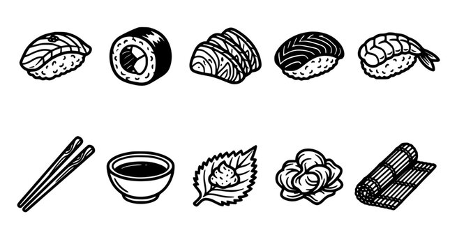 Sushi Icons Featuring Various Types of Sushi Rolls and Related Items in Black and White Vector Style