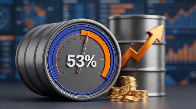 Oil barrel with gauge showing fifty three percent growth and rising financial chart background representing global energy market investment