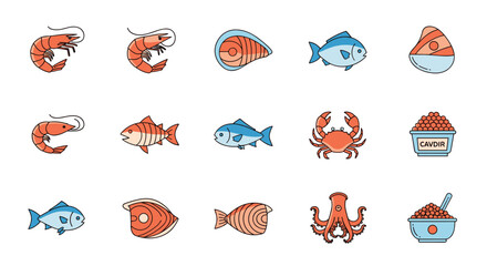 Obraz premium Comprehensive collection of fifteen colorful icons featuring various types of seafood like fish, shrimp, crab, octopus, salmon, and caviar.