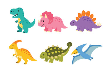 Cute Dinosaur Clipart Bundle Flat Vector Illustration Set of Prehistoric Animals © Hellotatary