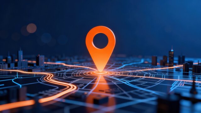 Digital map with glowing location pin