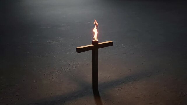 Flickering flame atop wooden cross post reacting to light shift, casting long shadow on dim floor