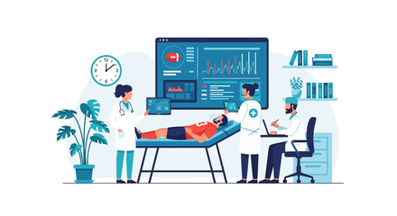 Fototapeta premium Doctors examining patient on examination table with modern medical technology and data analysis on screen