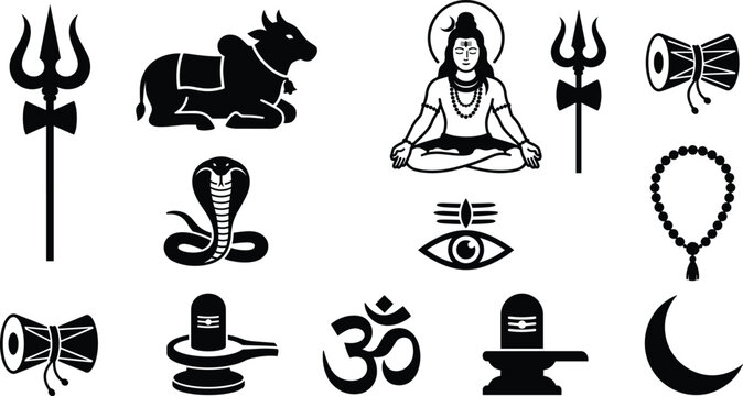 Lord Shiva religious icon set featuring trishul damru shivling om symbol and meditating deity vector
