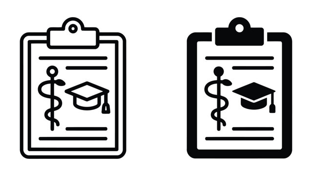 Medical clipboard icon with snake around staff and academic cap for clinical research and healthcare academic records in clean black and white vector graphic design for medical institutions