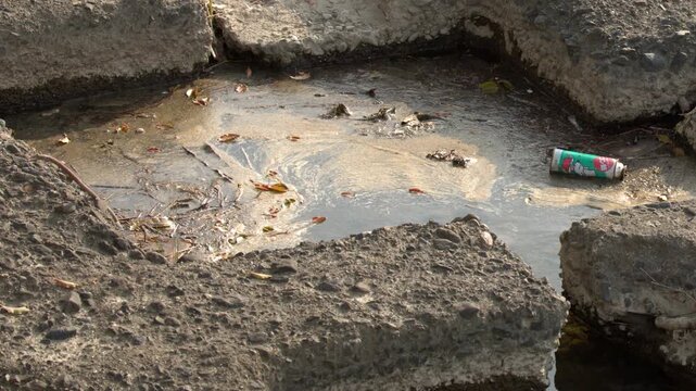 Aluminum Can Floating in Polluted River Water Near Concrete Blocks
