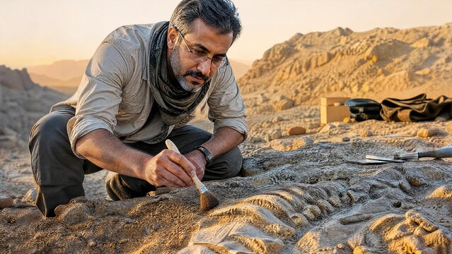Male Archaeologist Carefully Brushing Ancient Dinosaur Fossils at an Excavation Site during Sunset