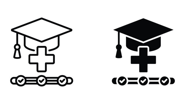 Medical education progress tracker icon set featuring graduation cap and stethoscope cross symbol with step by step checklist timeline showing completion status for professional healthcare training