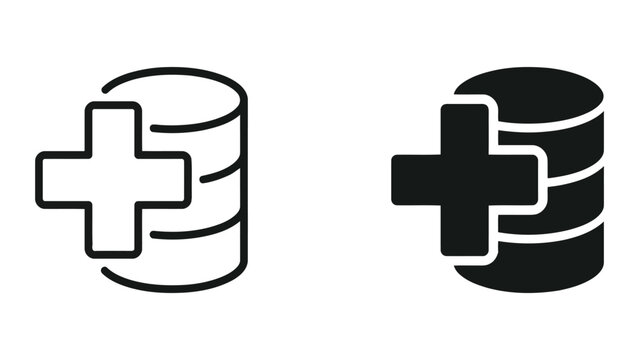 Medical database server with cross symbol icon set in outlined and solid black styles for health information technology and secure patient data storage systems in hospital network infrastructure