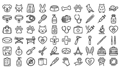 Naklejka premium Pet Care and Veterinary Outline Icon Set with Animal Accessories, Medical Tools, and Grooming Symbols for Pet Shop Designs