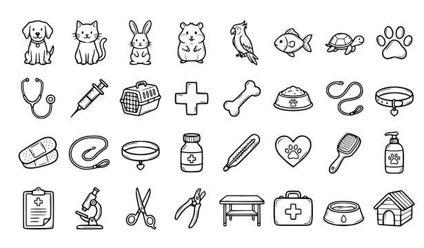 Veterinary Clinic Outline Icon Set with Pet Animals, Medical Equipment, First Aid and Grooming Tools for Animal Health Designs