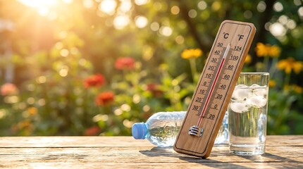 Wooden thermometer showing high temperature in sunny garden with glass of water and plastic bottle, hot summer day concept.