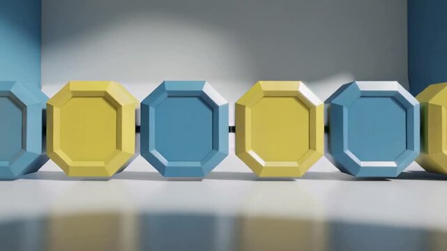 Starting sequence, rotating modular blocks on glossy platform, showing octagon faces and connectors
