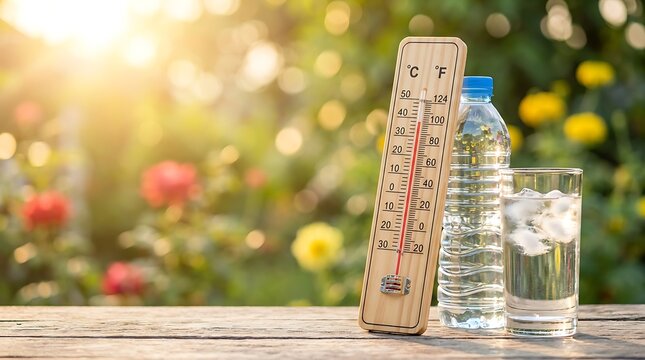 Thermometer showing high temperature outdoors on wooden table with refreshing cold water bottles and ice cubes glass reflecting bright sun summer heat outdoors blurred flowers and green leaves.