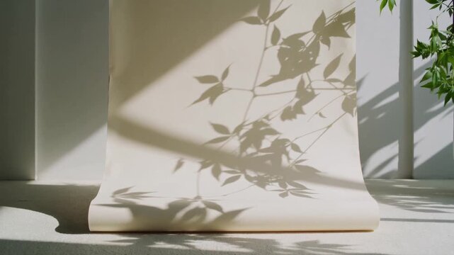 Cream paper backdrop receiving sunlight casting cross-window and leaf shadows on sill, with plant